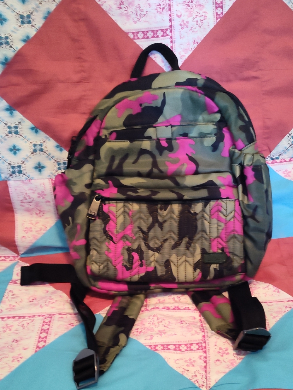 lug Mini Orbit Backpack Pink Interior with Black Dot Pattern, Camo Orchid